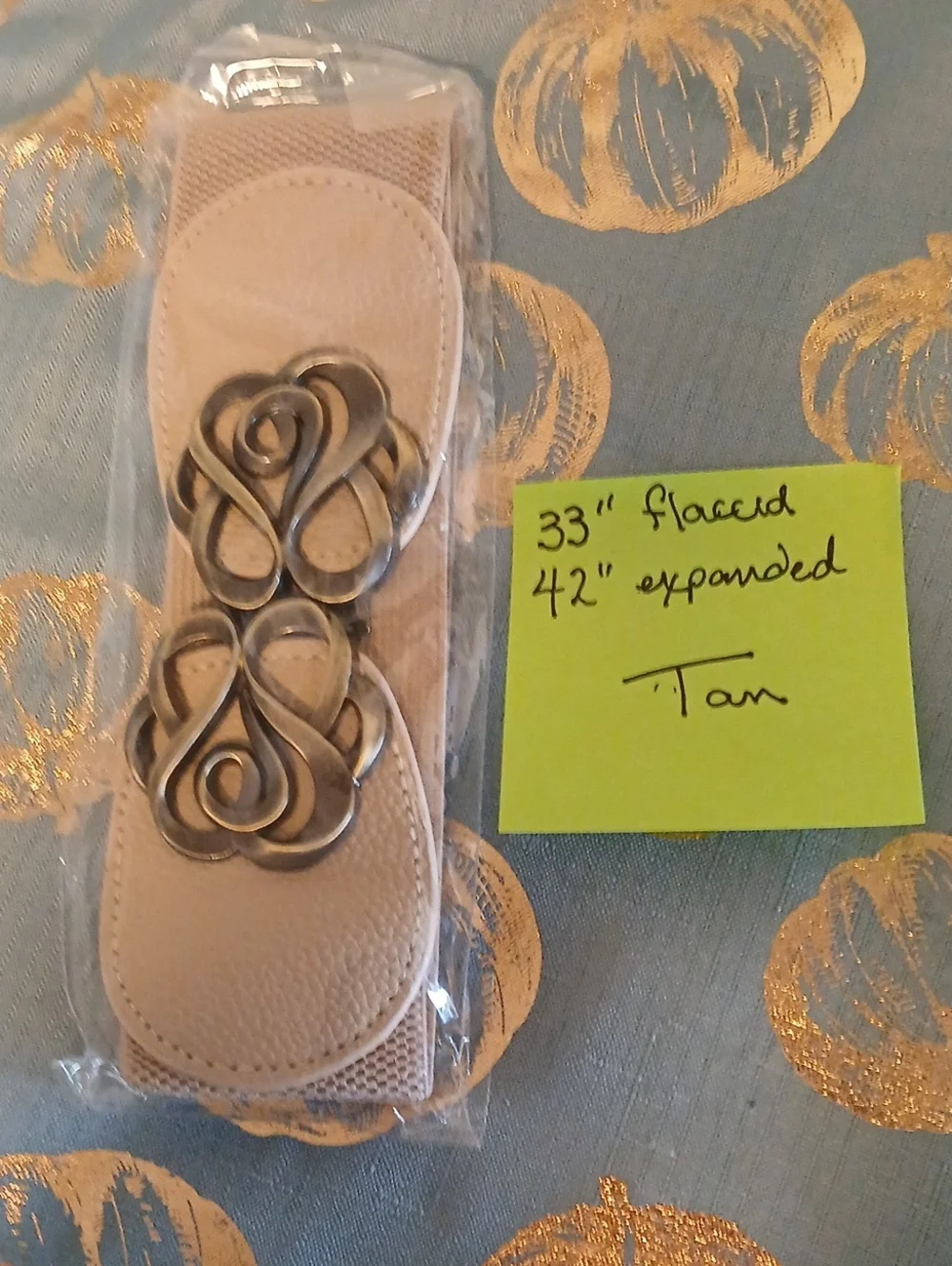 Tan Elastic Women's Belt with Decorative Silver Metal Clasp